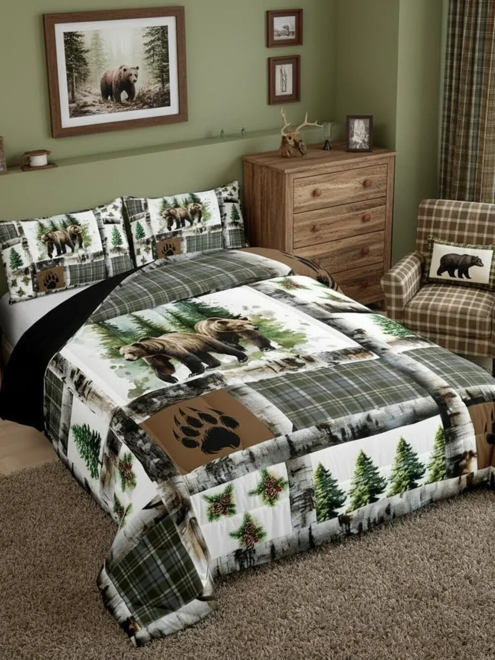 Rustic Bear Bedding Set Hunting Theme Comforter Set for Kids Boys Girls Bear Paw